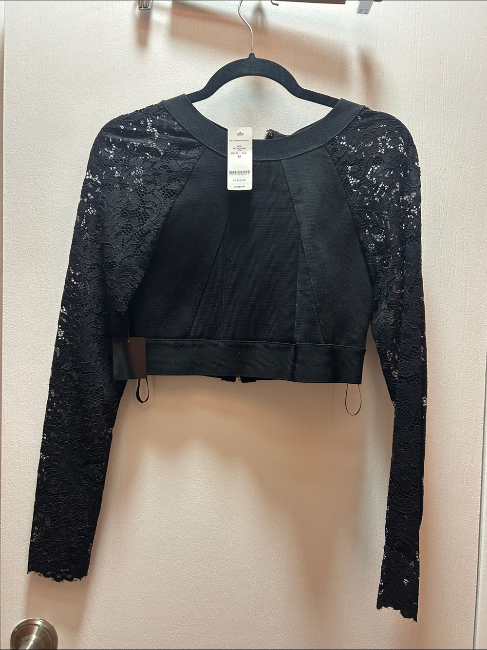 bebe Black Cropped Sweatshirt with Lace Raglan Sleeves